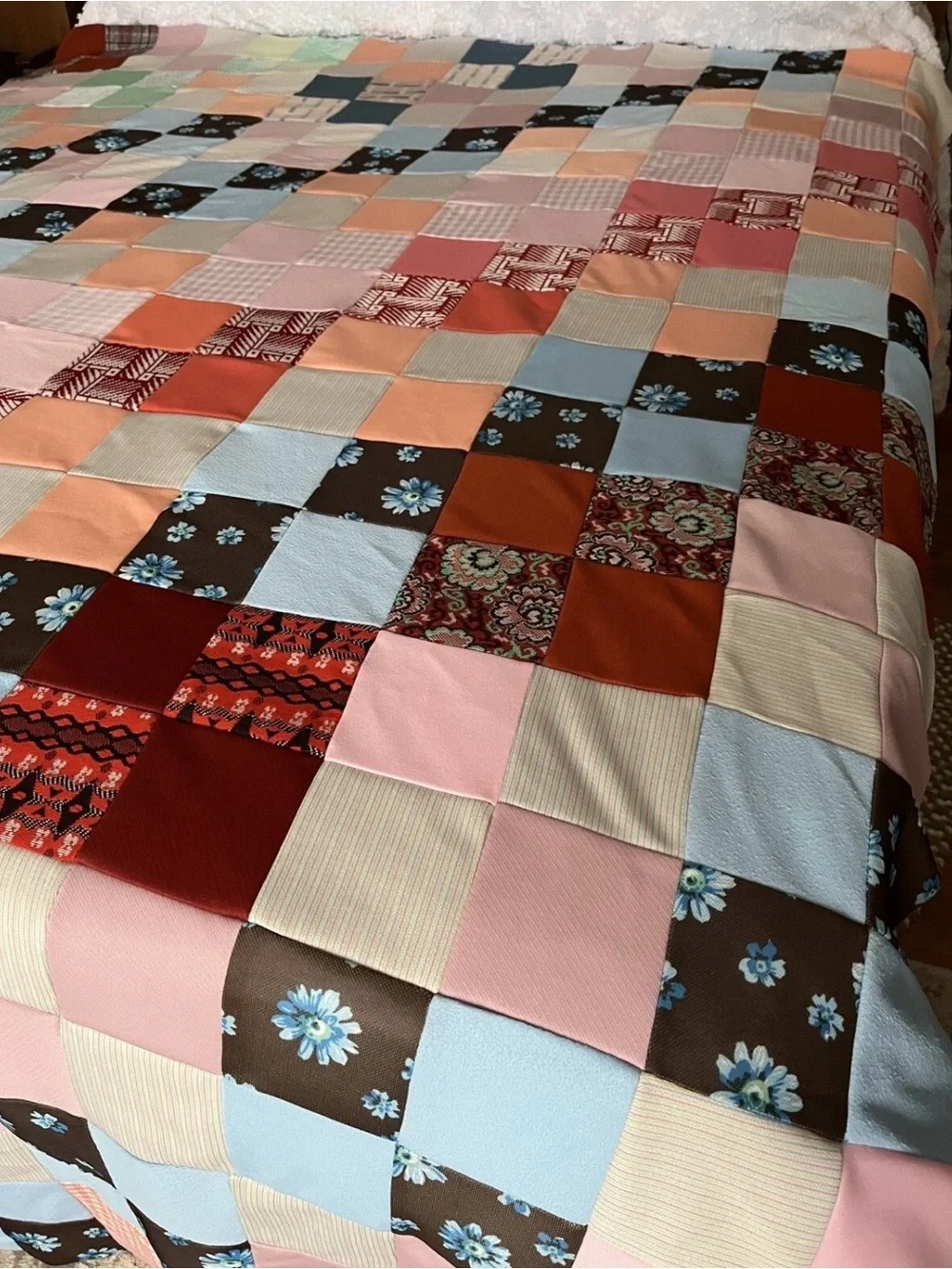 Vintage 1970s Patchwork Quilt Top - Retro Poly Knit Scraps (74